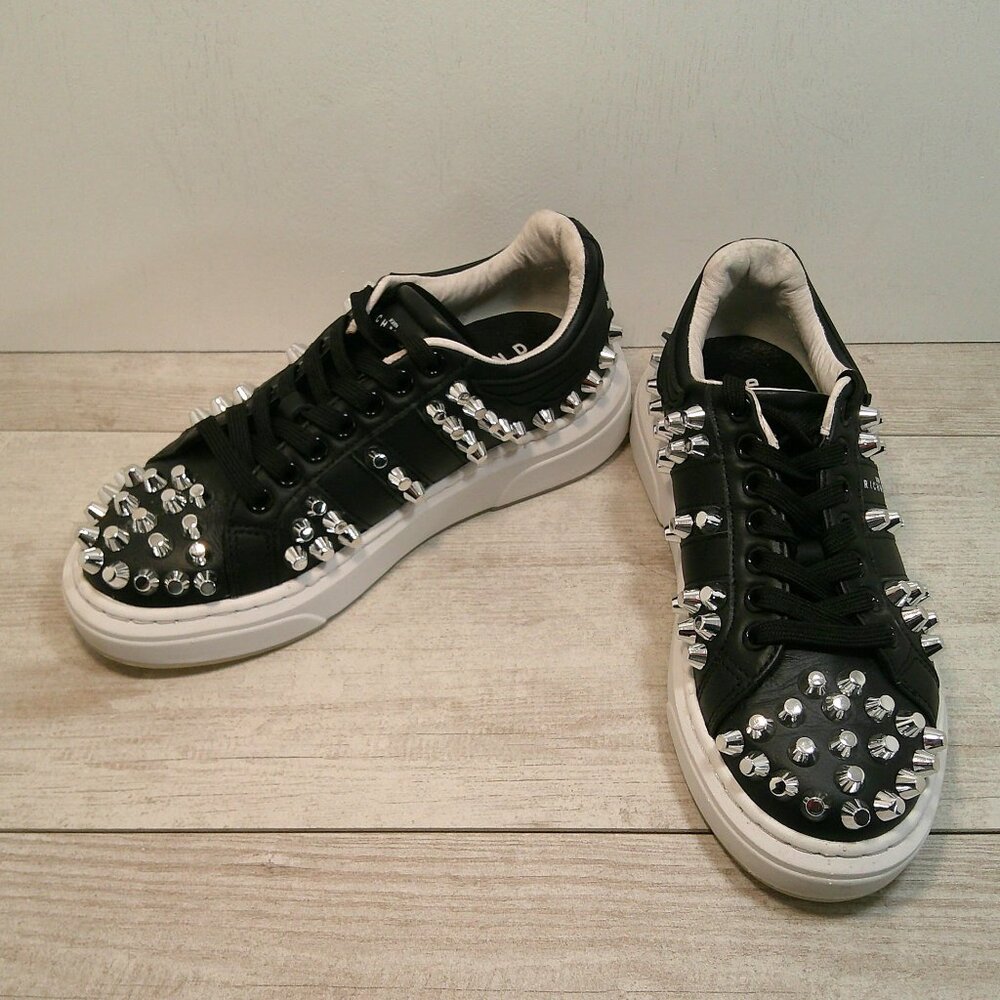 John Richmond Luxury black silver studs leather biker sneakers style Size 35